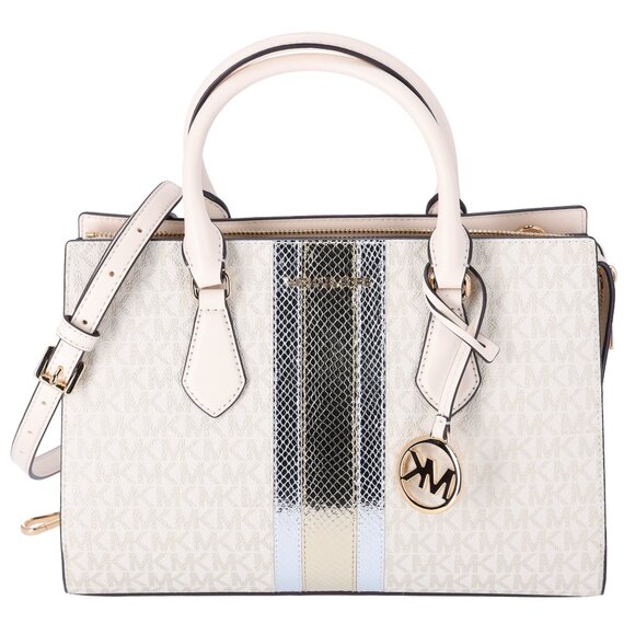 Michael Kors Sheila Medium Satchel Signature Logo Metallic MK Pale Gold - Picture 1 of 6